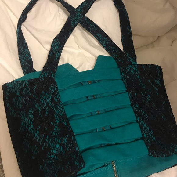 Lace overlay zipper crop teal black punk festival - Picture 3 of 3